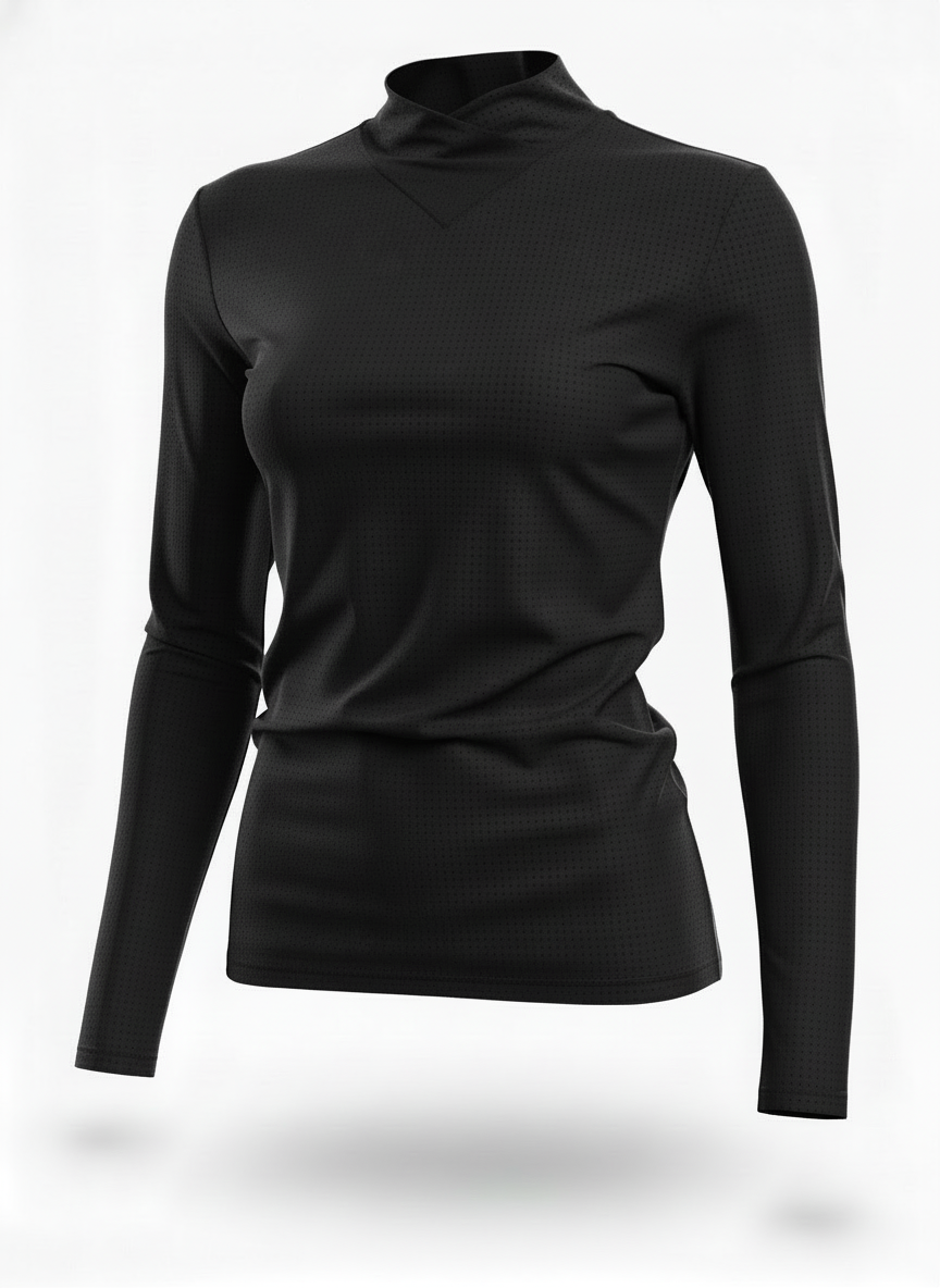 THE JULIETTE Long Sleeve Mock V Neck Perforated BLACK